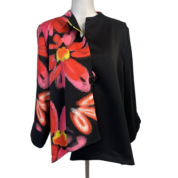 IC by Connie K Blazer Jacket Plus size 1X Black Red Pink Floral Lagenlook Artsy - Picture 1 of 9